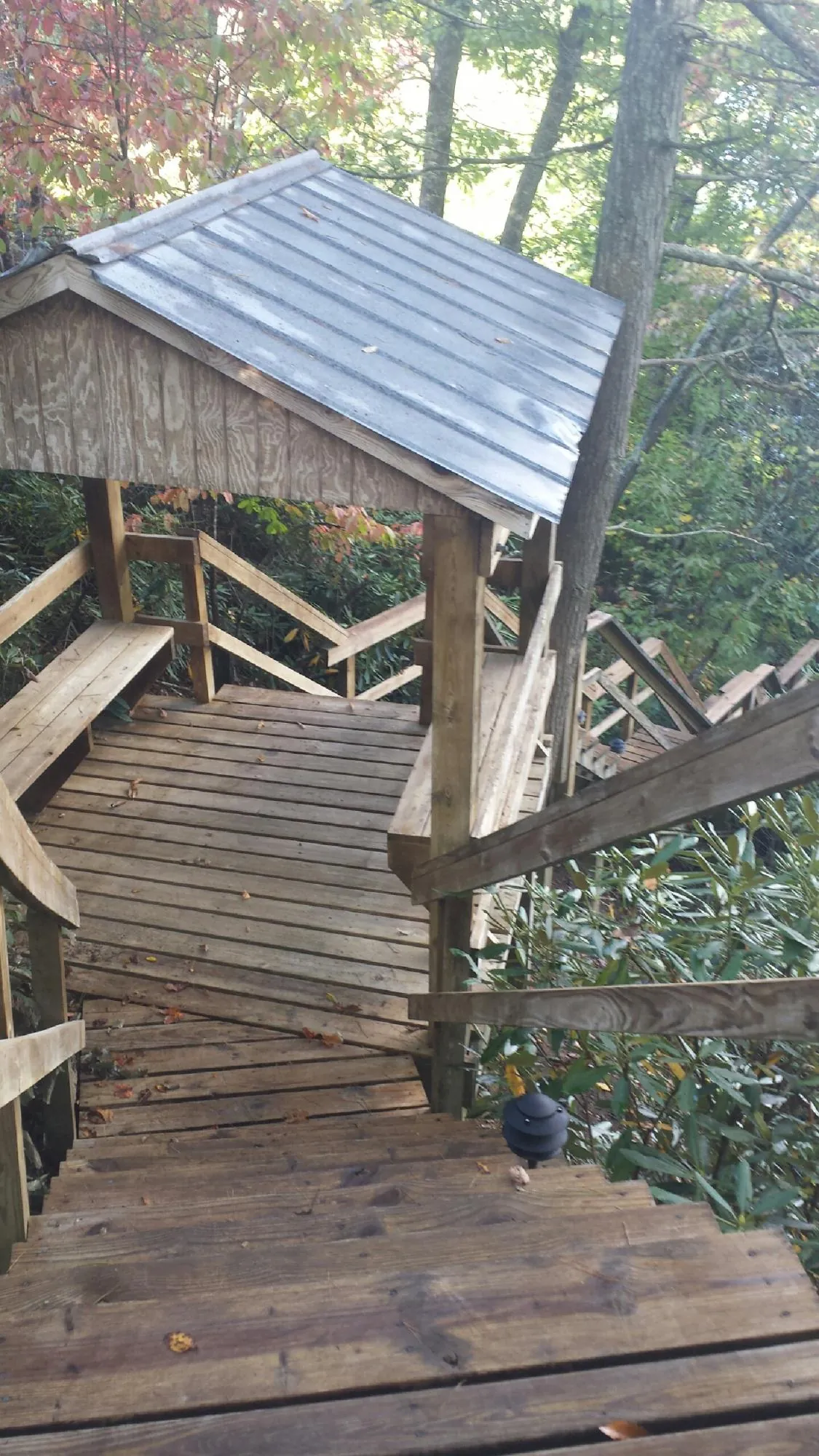 Metal roofed shelter over wooden steps on a wooded walkway — Skylight Repair & Installation work by our crew in Rineyville